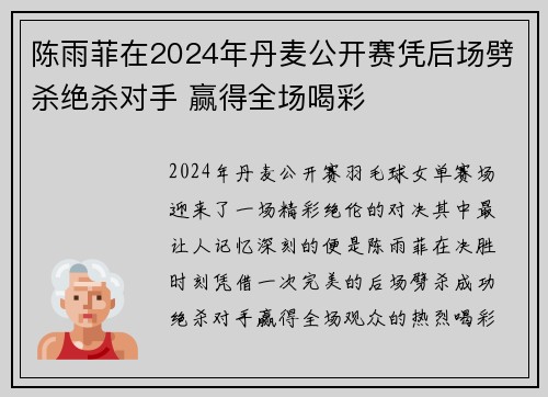 陈雨菲在2024年丹麦公开赛凭后场劈杀绝杀对手 赢得全场喝彩