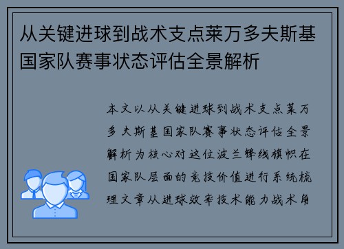 从关键进球到战术支点莱万多夫斯基国家队赛事状态评估全景解析